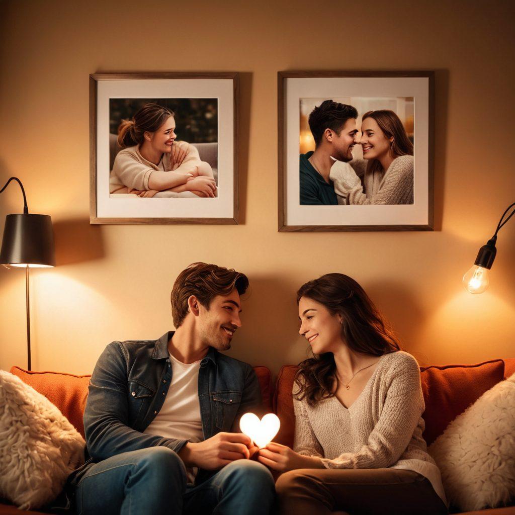 A warm and inviting scene of a couple sitting closely together on a cozy couch, sharing a heartfelt conversation, surrounded by soft lighting and personal mementos, like framed photos of their memories together. Include elements that symbolize support and passion, such as intertwined hands and a heart shape in the background. The atmosphere should evoke love, trust, and connection. super-realistic. warm colors. soft focus.