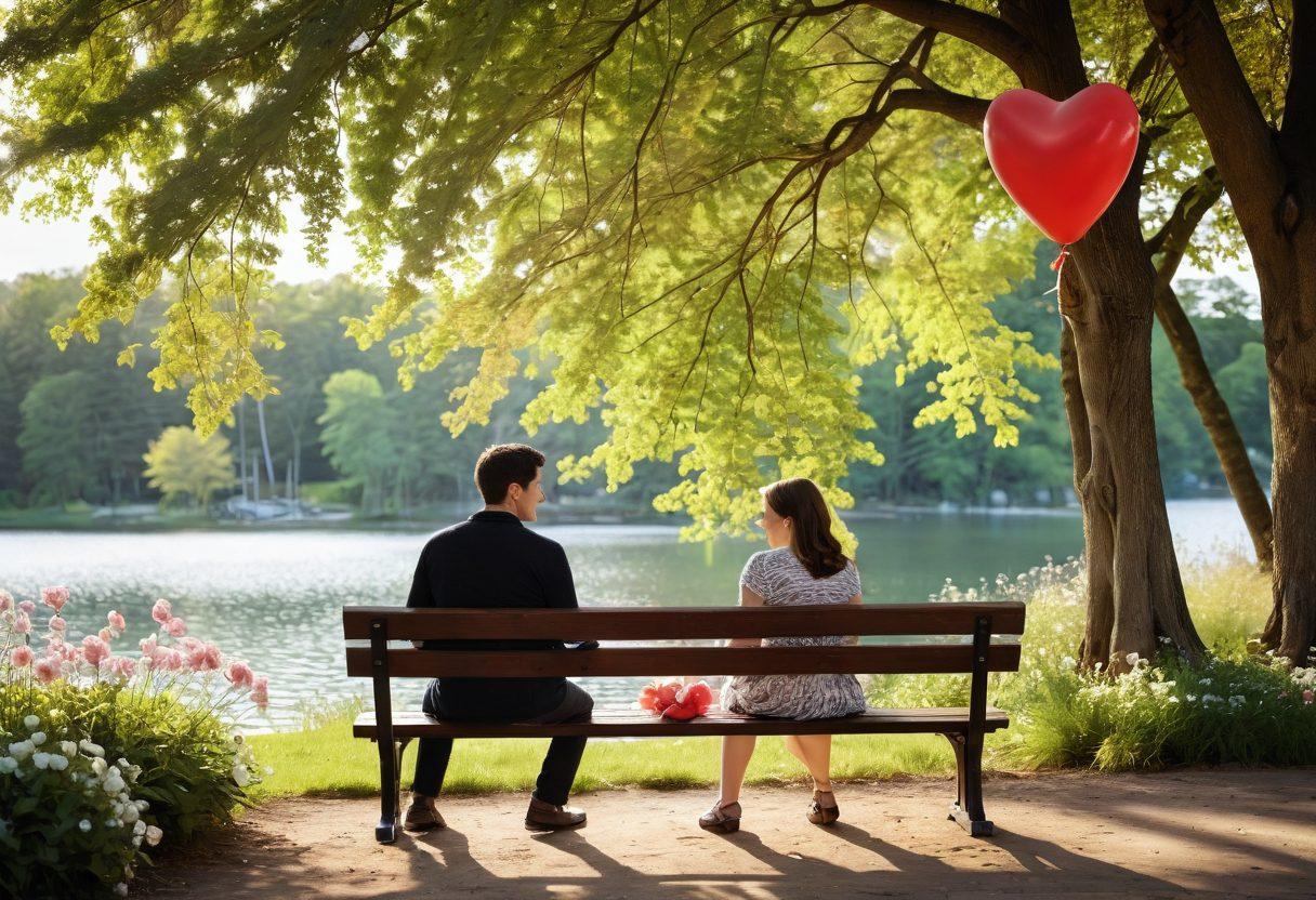 A warm, inviting scene of a couple holding hands while sitting on a park bench surrounded by blooming flowers, symbolizing commitment and affection. Soft sunlight filters through the trees, casting gentle shadows on the couple's smiling faces. A heart-shaped balloon floats lightly in the breeze nearby, adding a playful touch. The background features a serene lake, enhancing the atmosphere of tranquility and lasting love. super-realistic. vibrant colors. soft focus.
