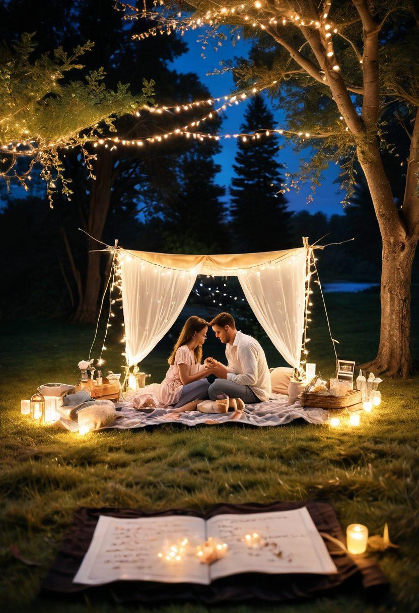 A couple enjoying a romantic picnic under twinkling fairy lights, surrounded by nature's beauty, with handwritten notes of love and support scattered around them. Soft, pastel colors create an inviting atmosphere, capturing the essence of meaningful connections. The scene is warm and enchanting, evoking feelings of romance and togetherness. super-realistic. vibrant colors. soft focus.